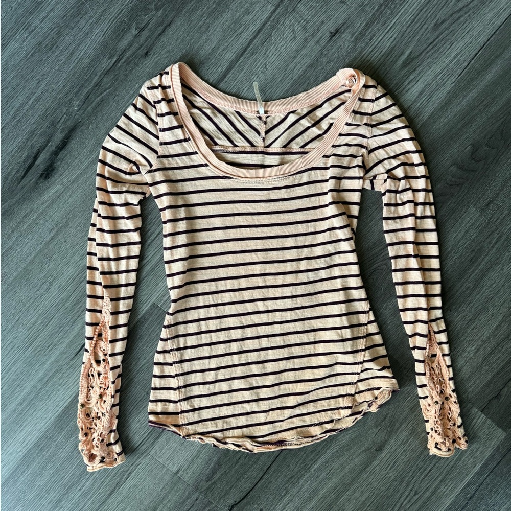 VINTAGE FREE PEOPLE WOVEN BEADED LONG SLEEVE STRIPED TOP